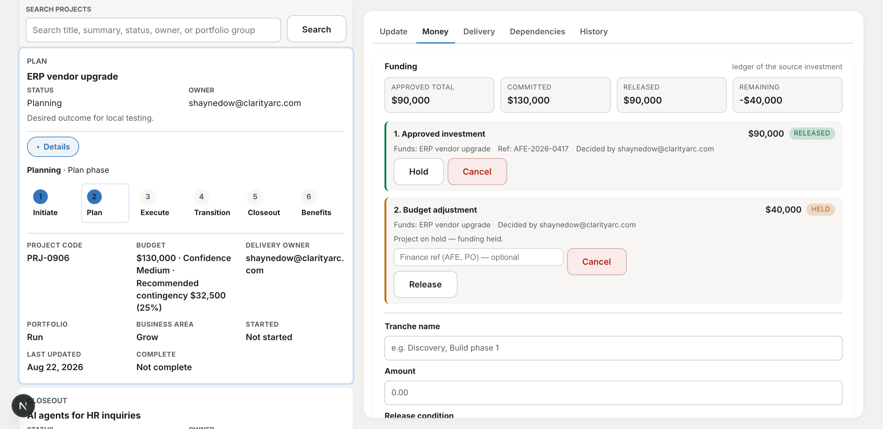 A project's funding ledger in Vision: committed and released tranches, a finance reference on the release, and cumulative actuals with burn.