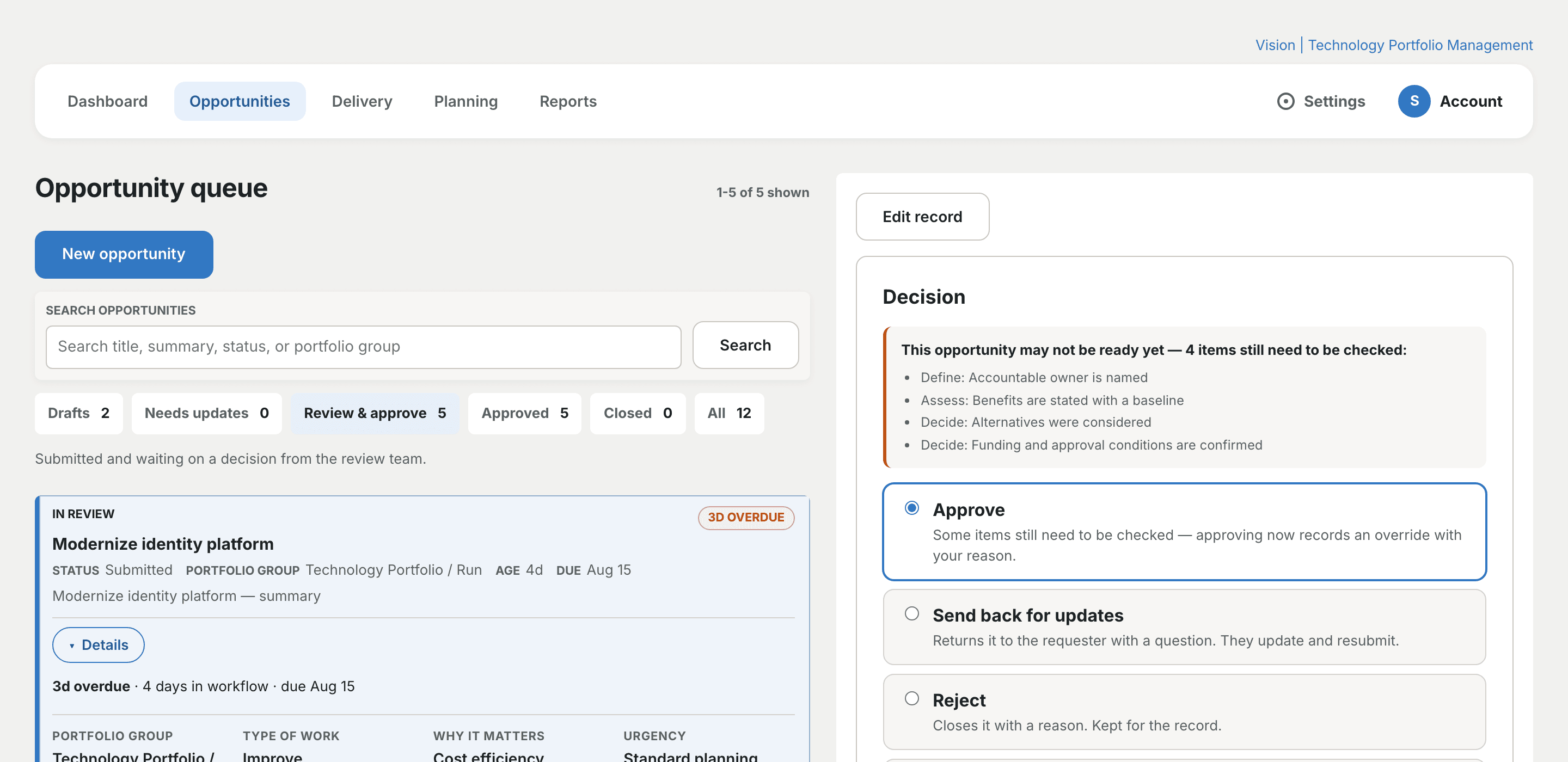 The Vision opportunity queue, with each item's status, ageing, and portfolio group alongside the review panel.