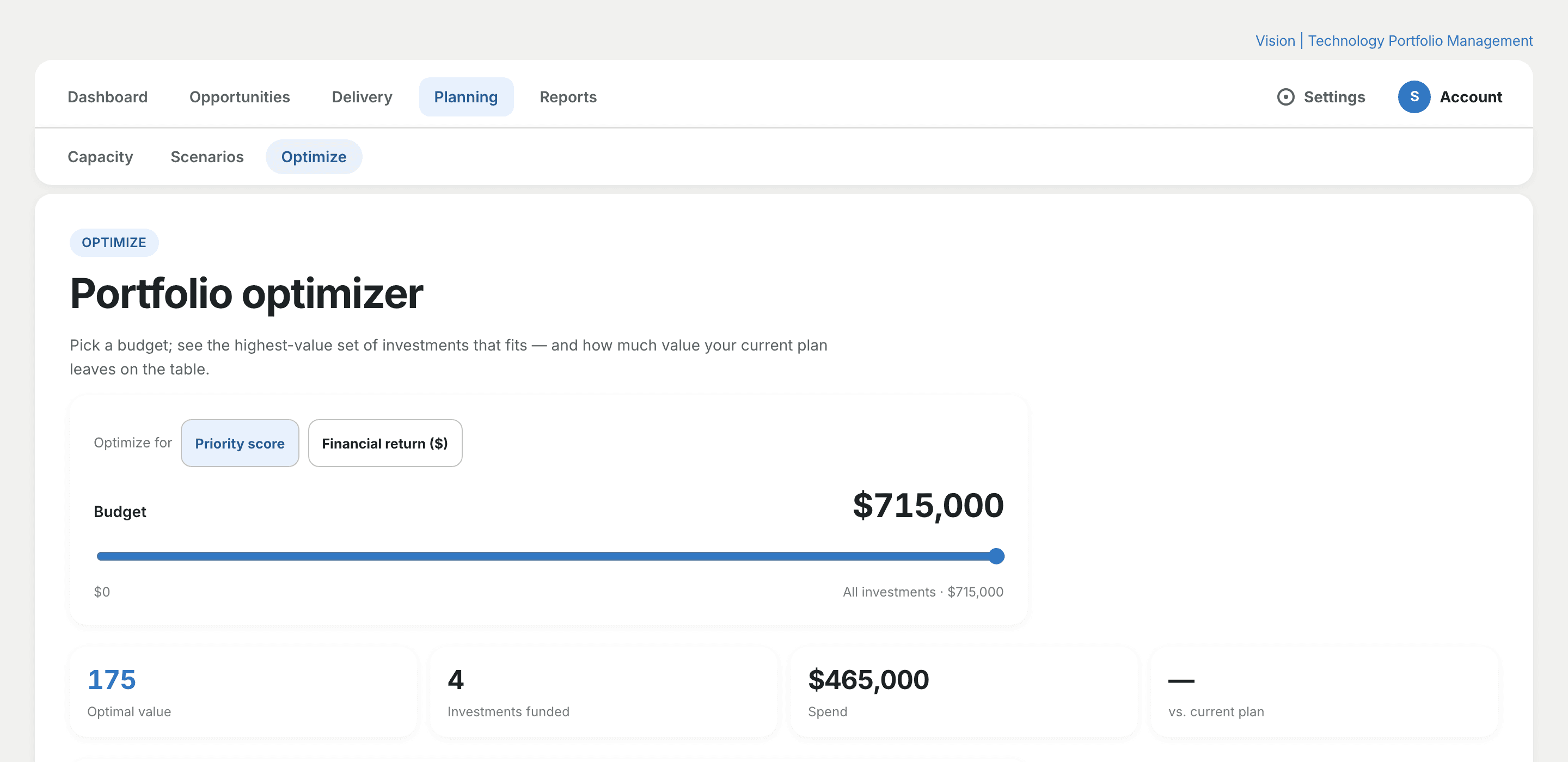 The Vision portfolio optimizer: a budget slider with the optimal investment set, spend, and uplift versus the current plan.
