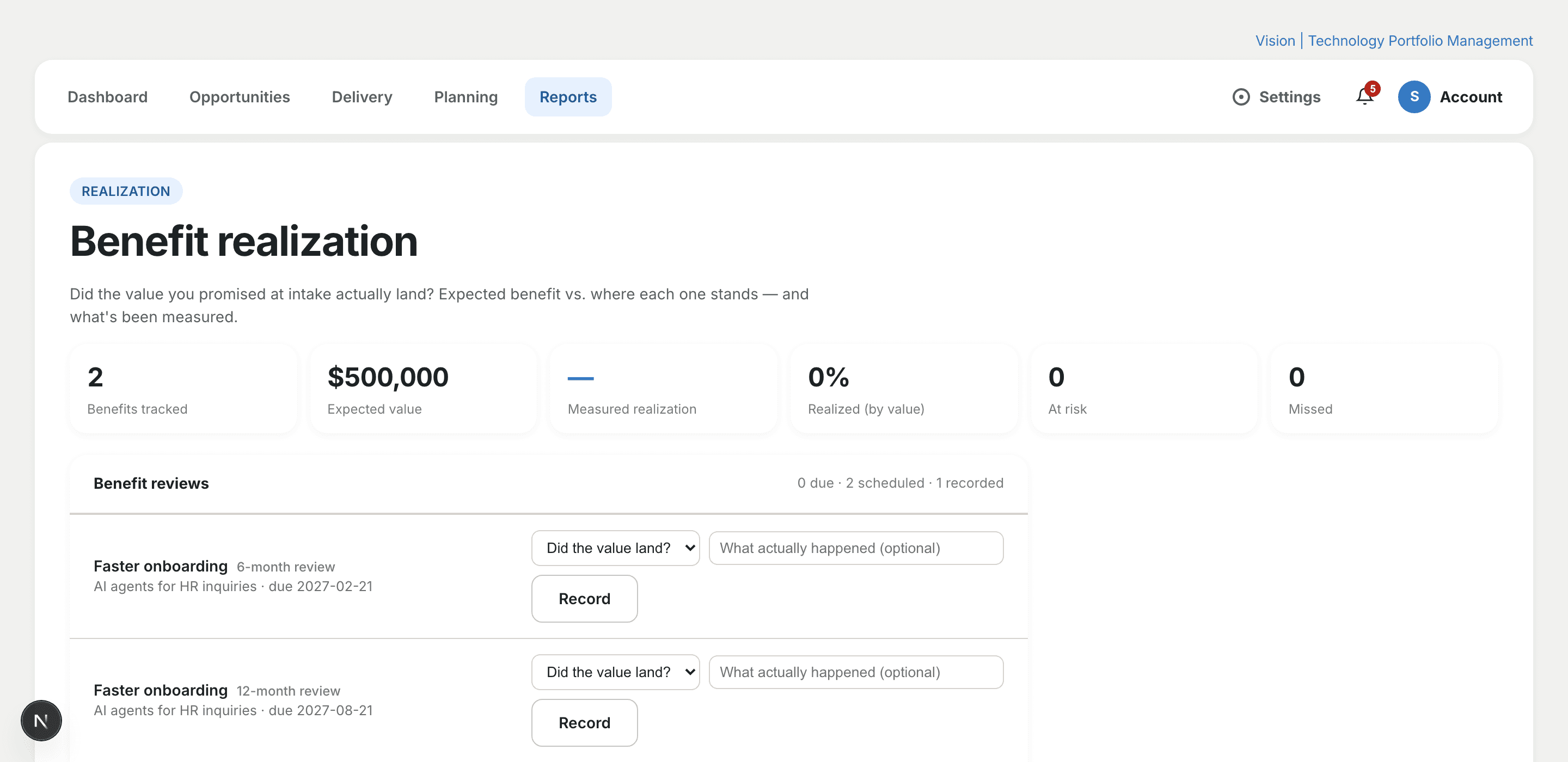 The Vision realization view: benefits with measured progress, and follow-up reviews due for a verdict.